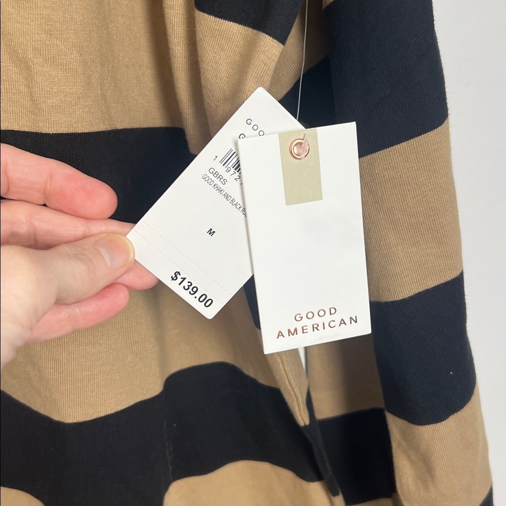 NEW Good American Medium Khaki And Black Rugby Stripe Jersey Polo Mini Dress - Picture 9 of 12